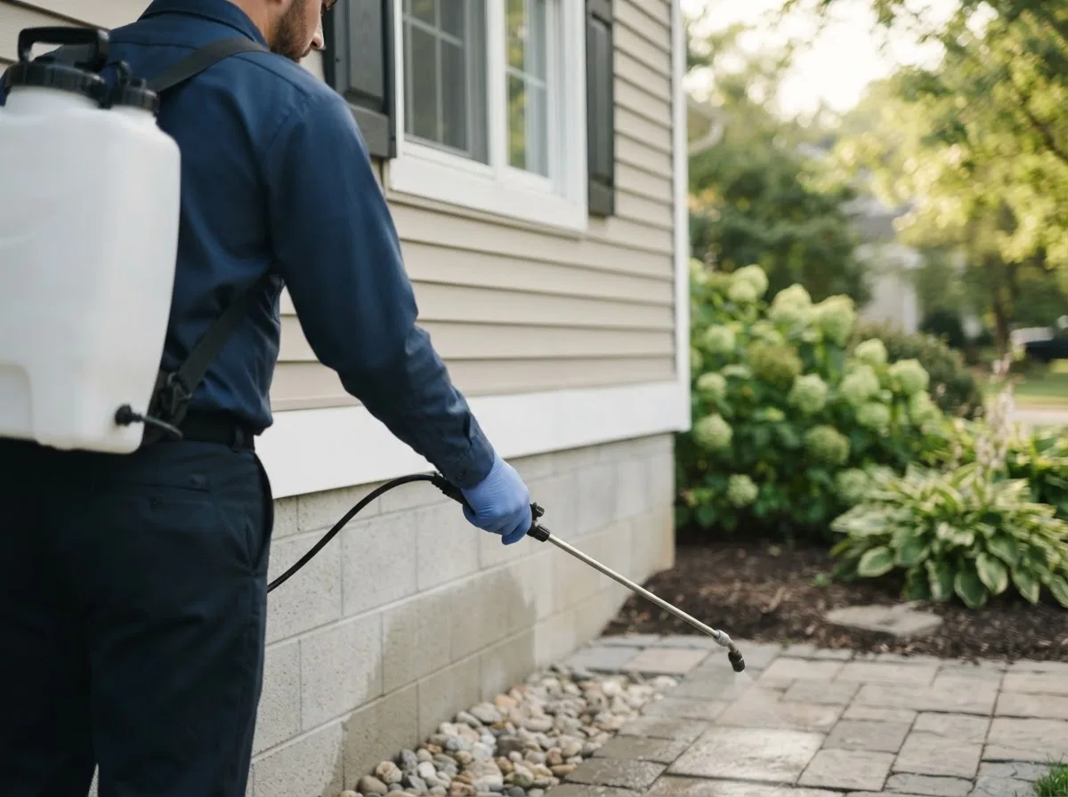 Pest control technician inspecting a home in Merriman, NE